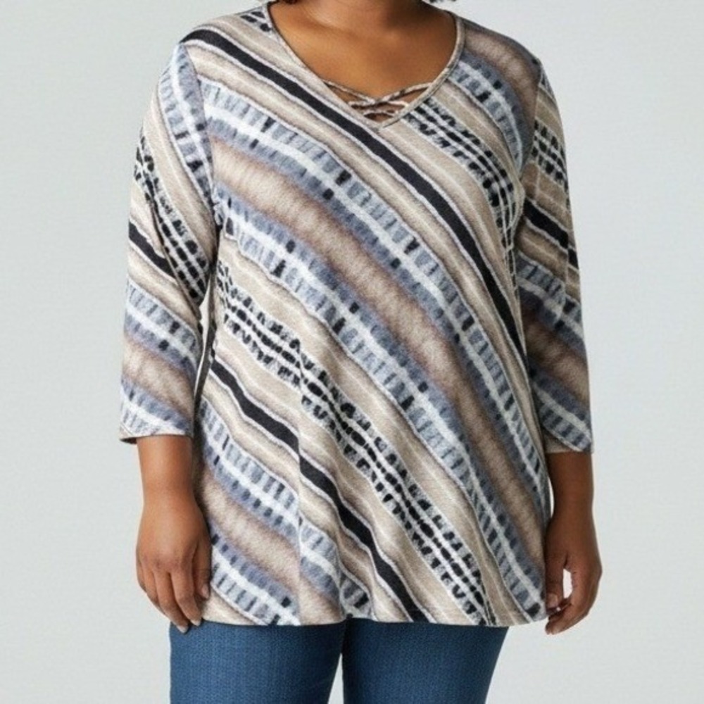 Ruby Rd Womens 1X‎ Tunic Top Tan Grey Tie Dye Stripe V-Neck 3/4 Sleeve NWT